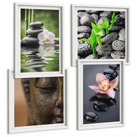 BILDER SET 4er Set - 50x50 cm & 40x60 cm Weißer Rahmen - Friedliche Zen-Blumen-Buddha-Komposition - Weiß, Kunststoff (50/50cm) - TULUP