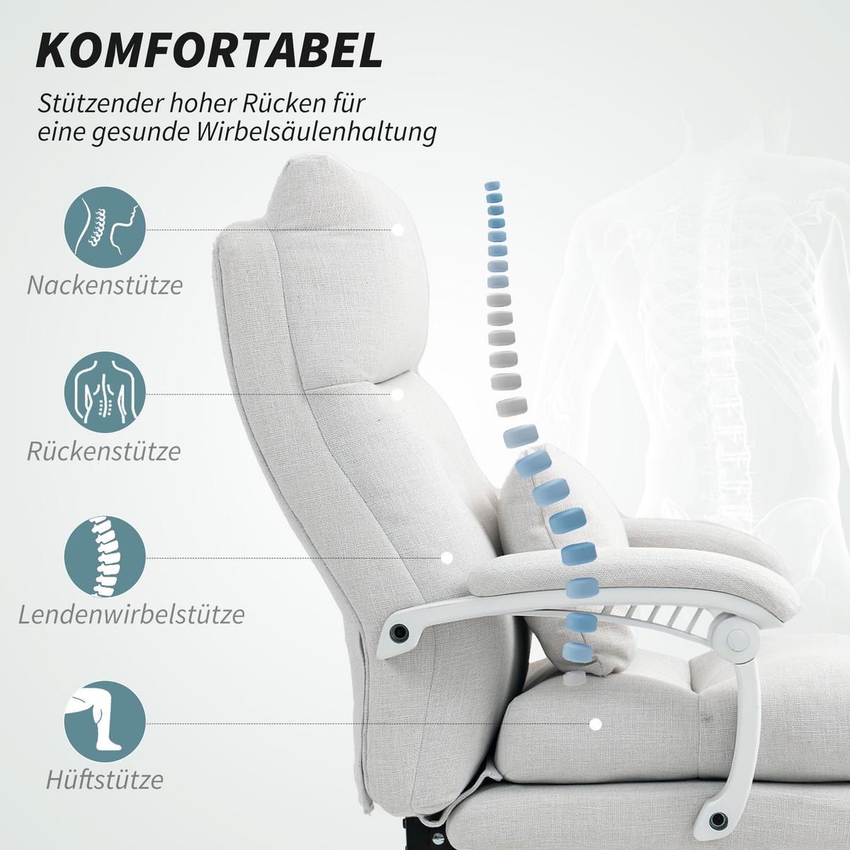 BÜROSTUHL Ergonomischer Schreibtischstuhl mit Lendenwirbelstütze, Fußstütze - Creme, Textil (68/122/70cm) - HOMCOM