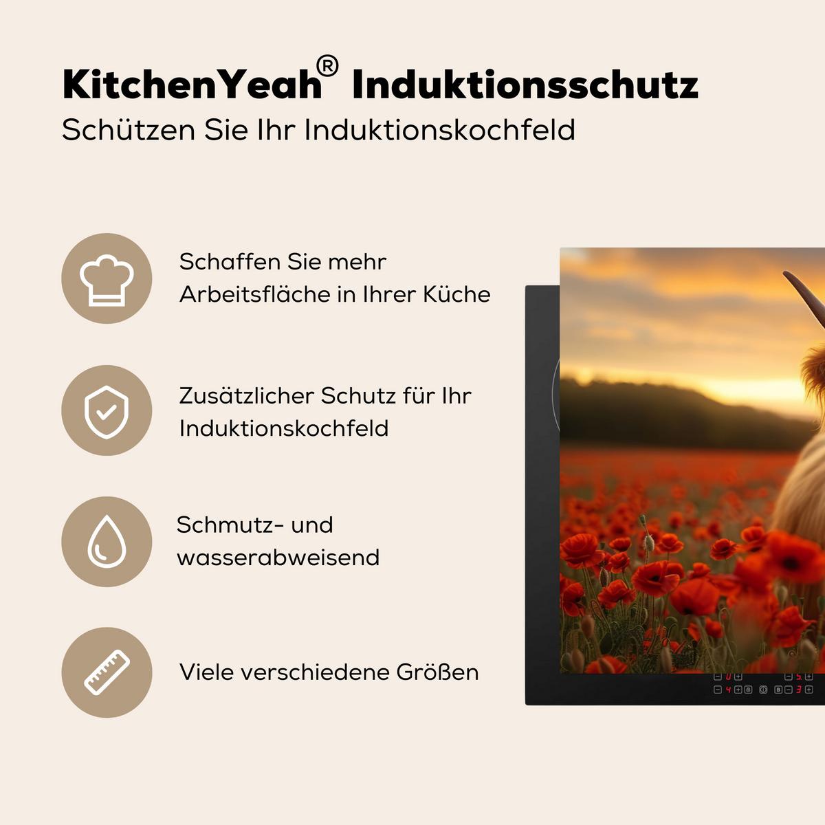 HERDABDECKPLATTE Schottische Highlander - Rosen - Blumenfeld - Sonnenuntergang Induktionsschutz 91.6x52.7 cm - Rotbraun, Kunststoff (91.6/52.7/0.2cm) - MuchoWow