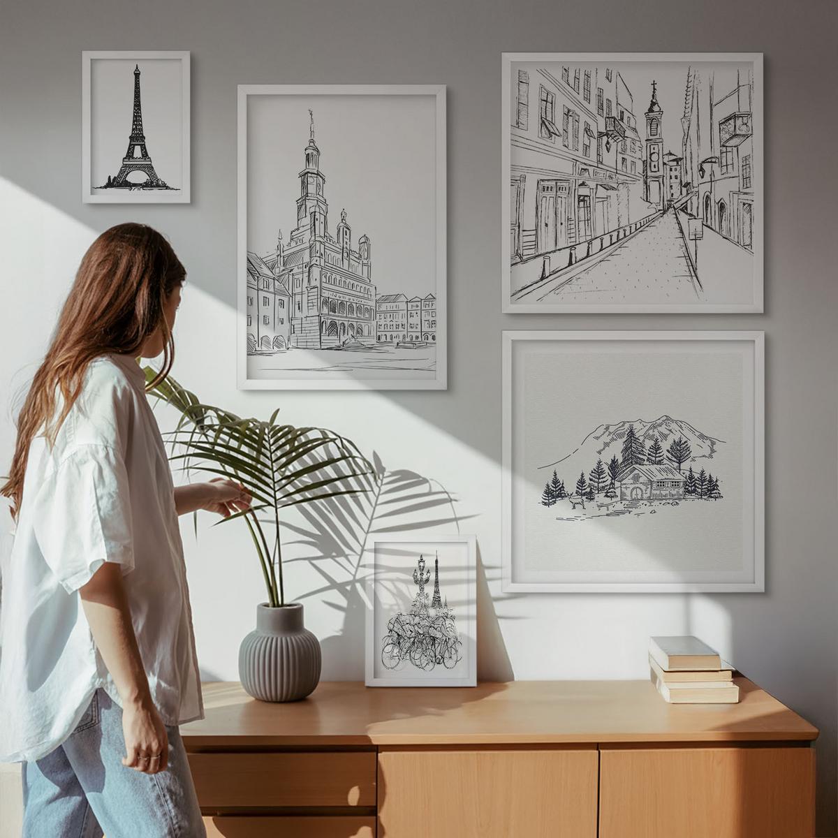 BILDER SET 5er Set - 50x50 cm & 20x30 cm & 40x60 cm Weißer Rahmen - Abstrakte Gemäldekompositionen - Weiß, Kunststoff (40/60cm) - TULUP