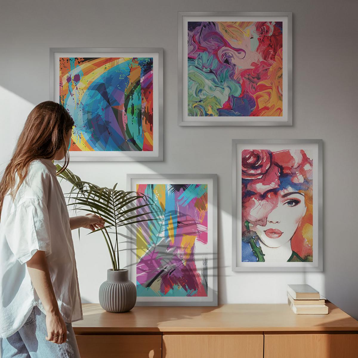 BILDER SET 4er Set - 50x50 cm & 40x60 cm Silberner Rahmen - Farbenfrohes abstraktes Porträt - Silberfarben, Kunststoff (50/50cm) - TULUP