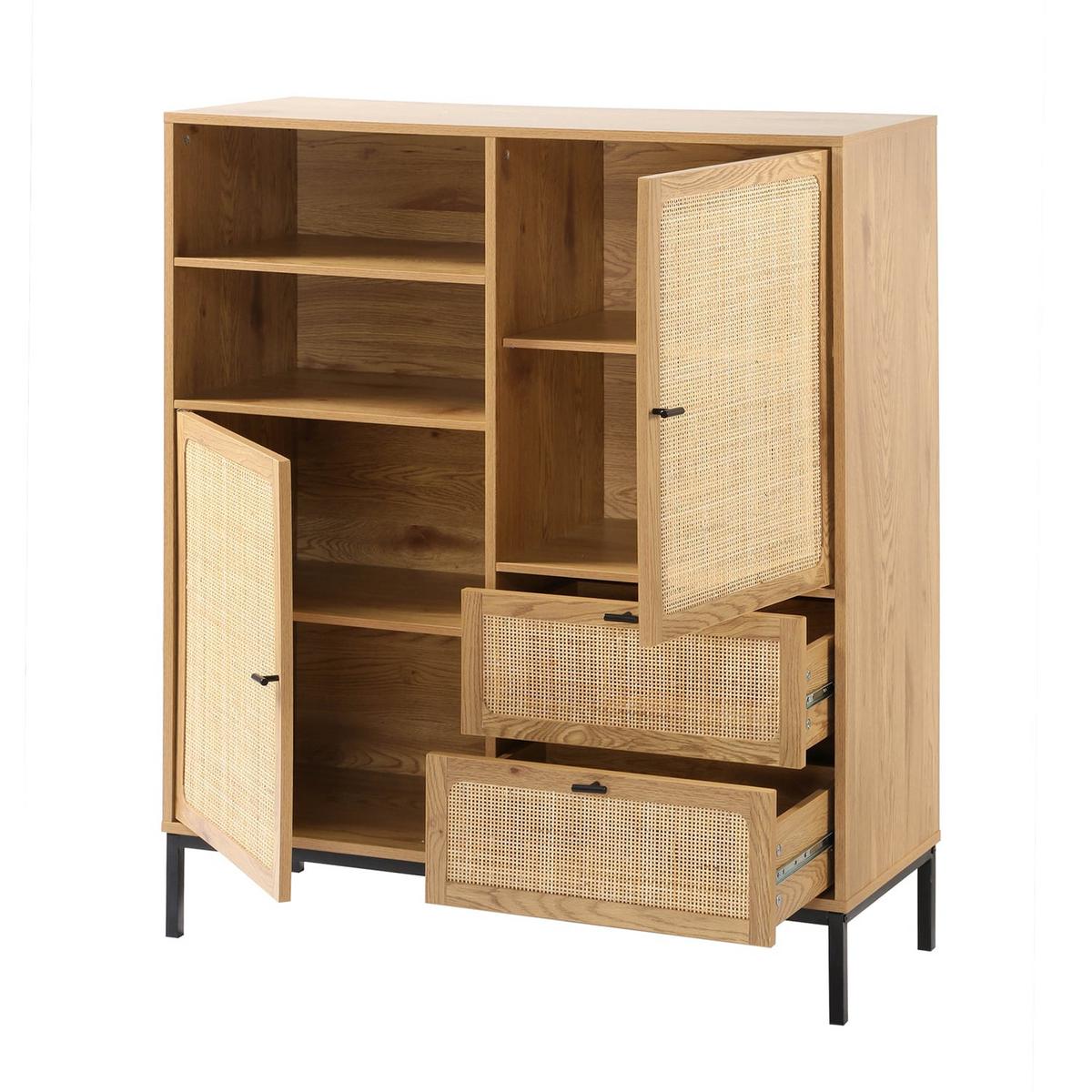 HOHE Buffetschrank mit Rattanfronten - L100 x H120 cm - JAYA - Eschefarben, Holzwerkstoff (40/120/55cm) - Calicosy