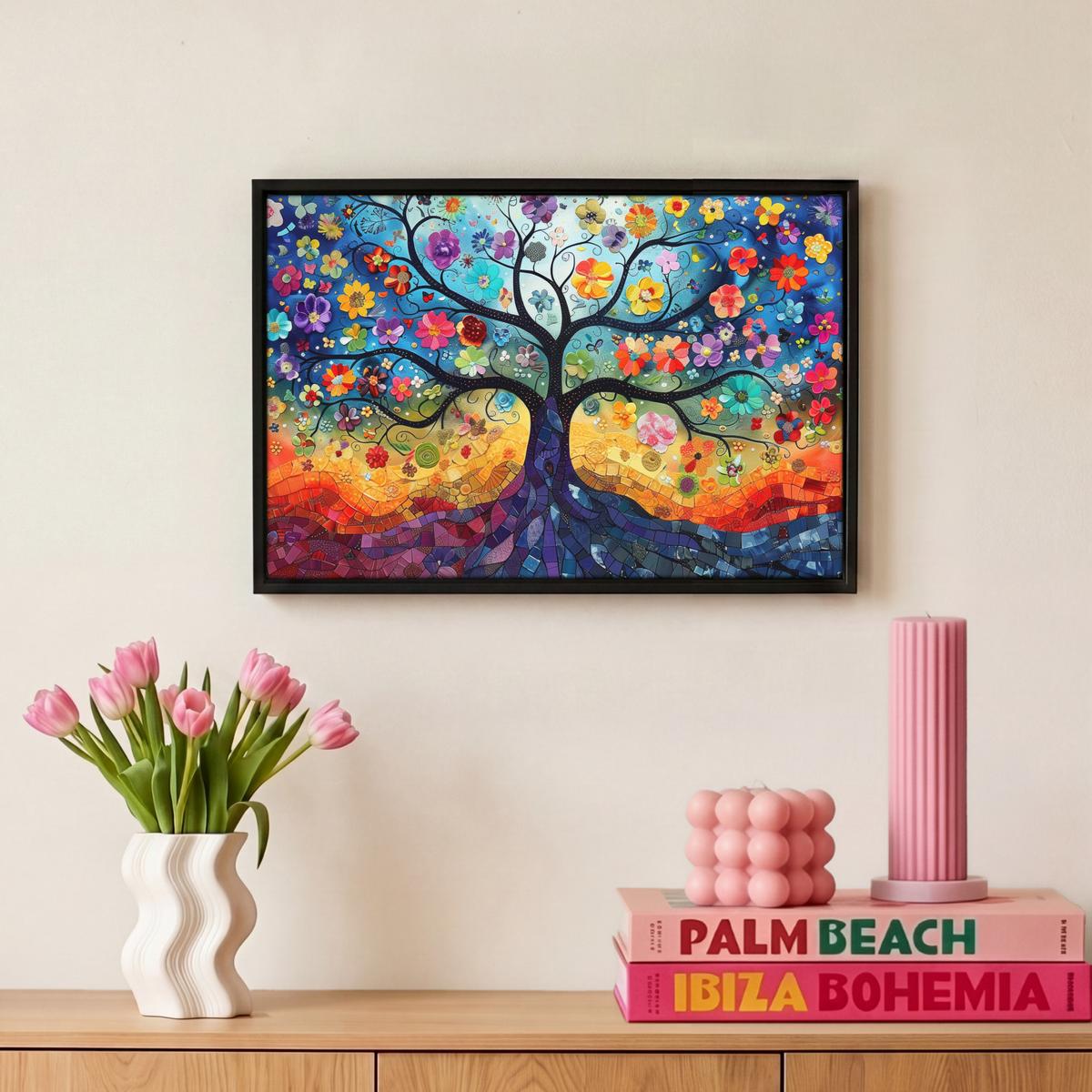 LEINWAND Bilder mit Rahmen - Kunst - Baum des Lebens - Blumen - Hippie - 30x20 - Dunkelblau, Textil (30/20cm) - MuchoWow