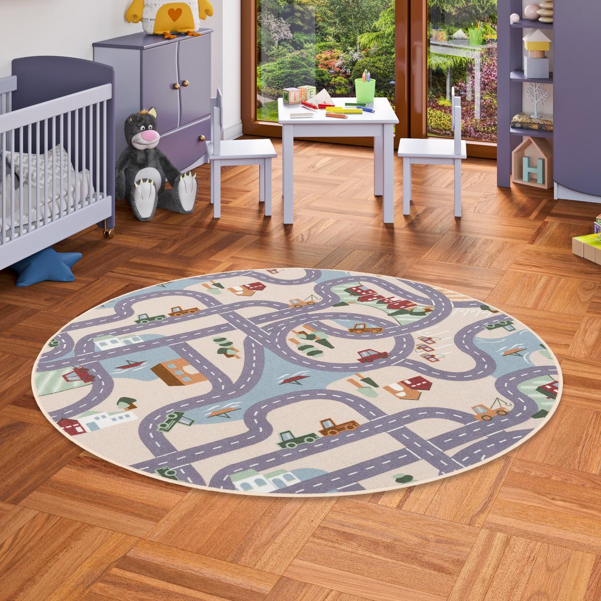 KINDER SPIEL STRASSENTEPPICH FUN TOWN RUND - Beige, Textil (100/100cm) - Snapstyle