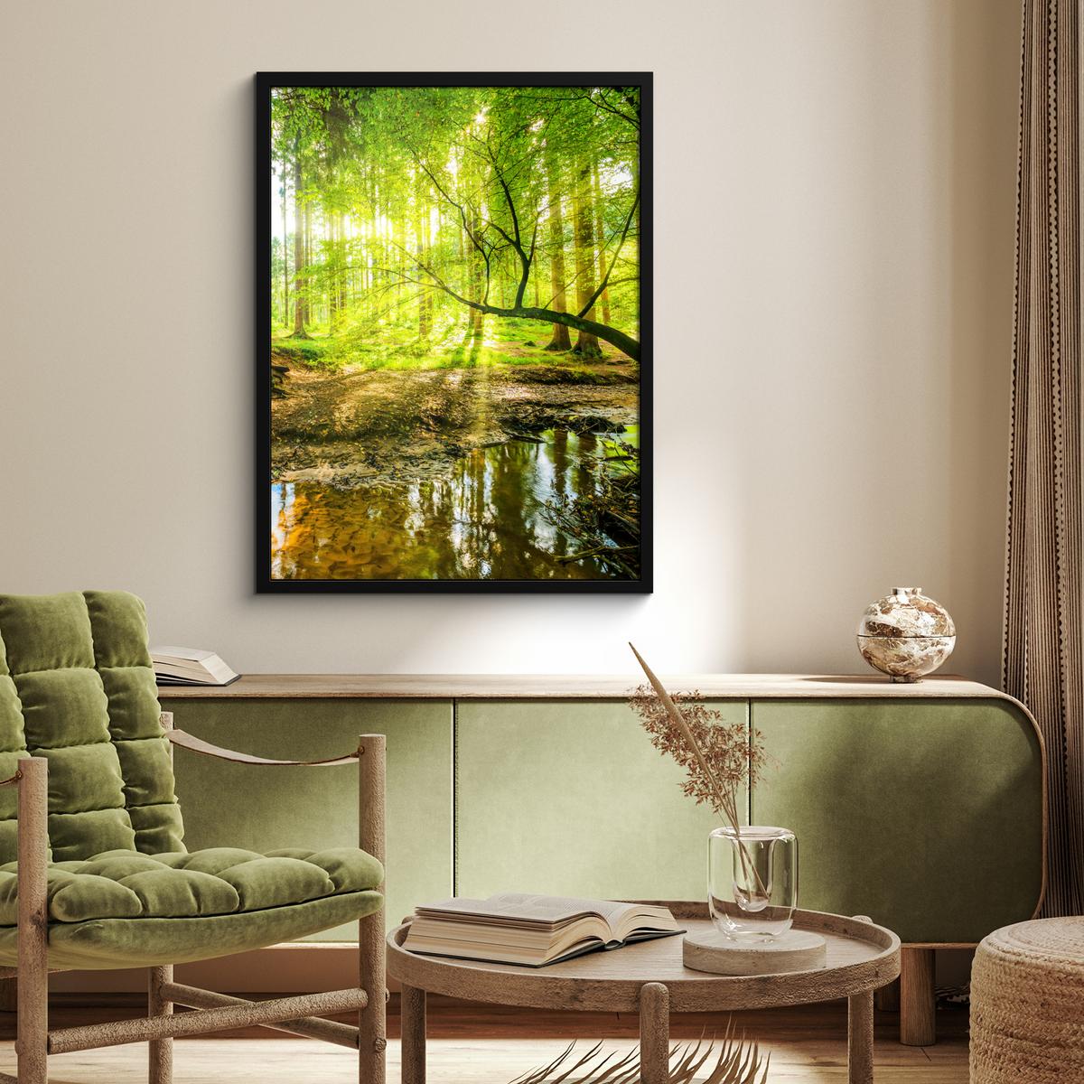 POSTER MIT RAHMENGERAHMTES BILD Wald - Landschaft - Wasser - Bäume - Sonne - Grün - Natur Posterleiste 60x80 cm - Grün, Papier (60/80cm) - MuchoWow