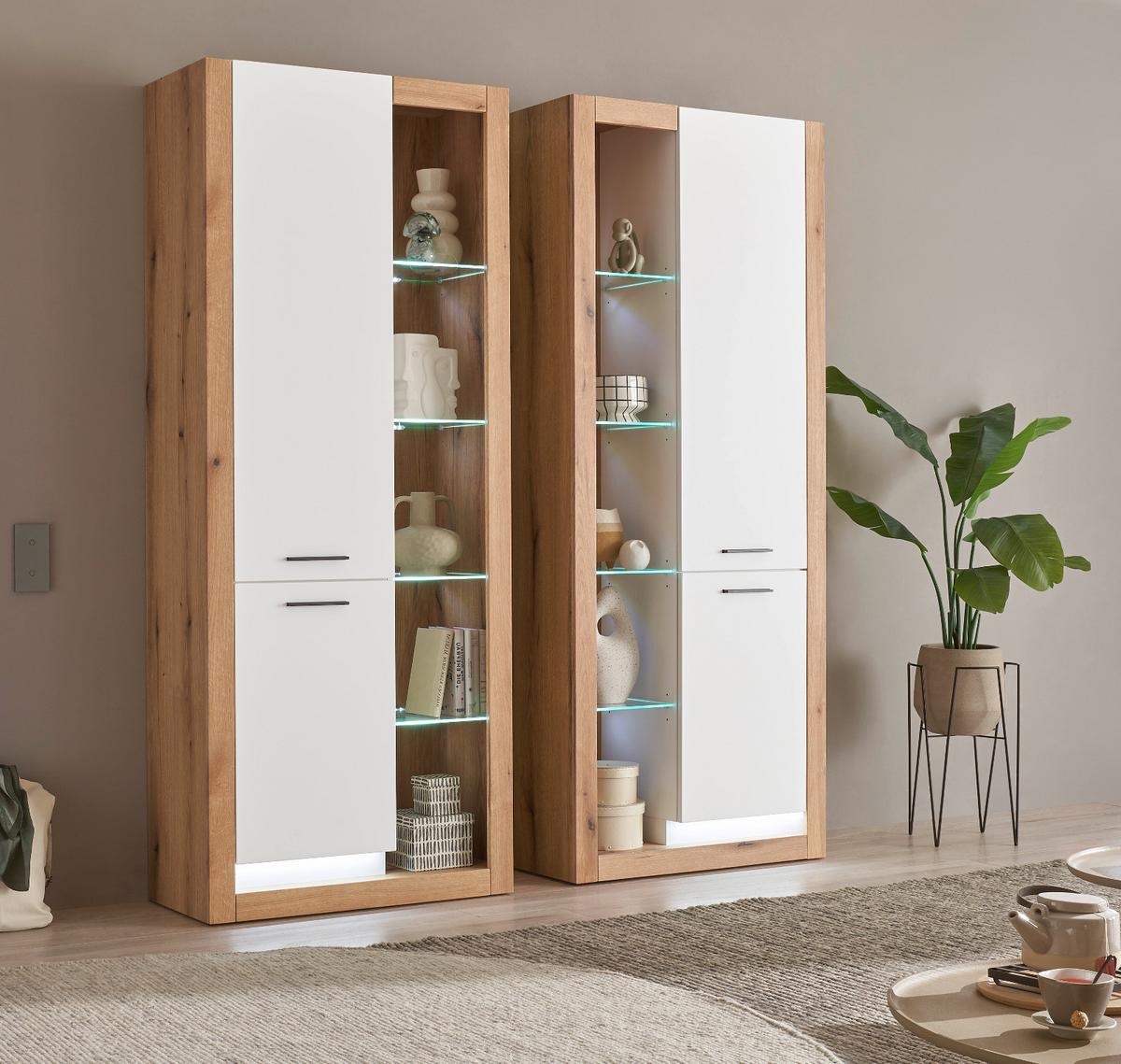 VITRINE weiß matt, Evoke Eiche, Vitrinenschrank 80 x 195 cm - Eichefarben/Silberfarben, Glas/Holzwerkstoff (80/195/37cm) - Furn.Design