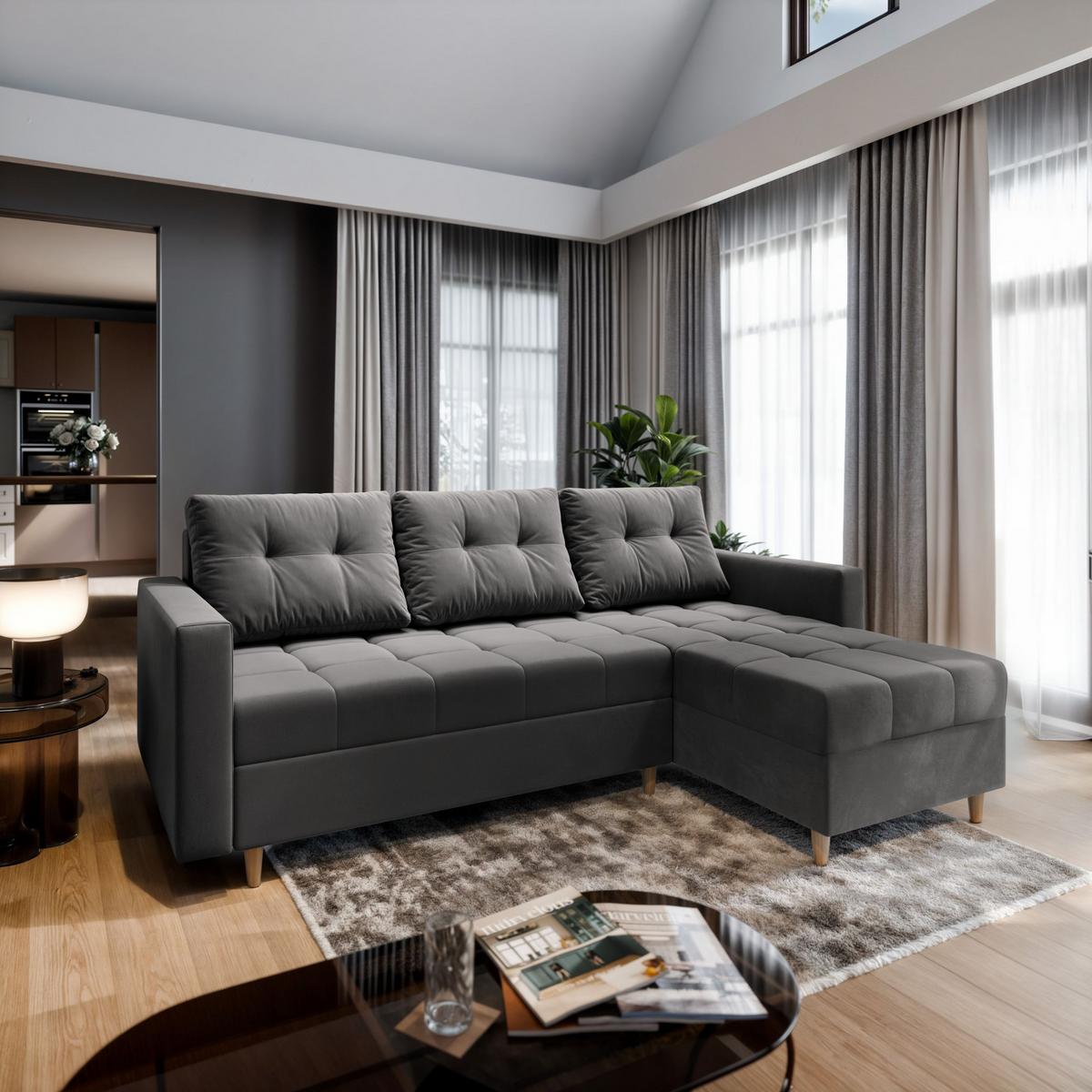 ECKSOFA MILO L Grau Plüsch-Stoff mit Schlaffunktion - Braun/Grau, Holz/Textil (220/140cm) - MASSENO
