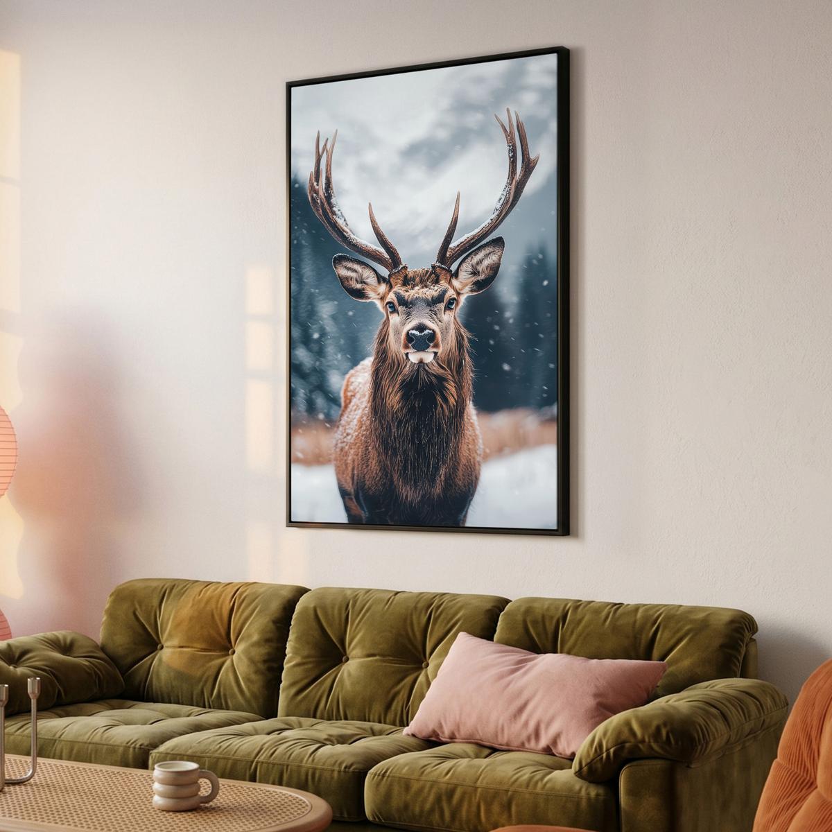 LEINWAND Bilder mit Rahmen - Hirsche - Tiere - Landschaft - Winter - Schnee - 80x120 - Kastanienfarben, Textil (80/120cm) - MuchoWow