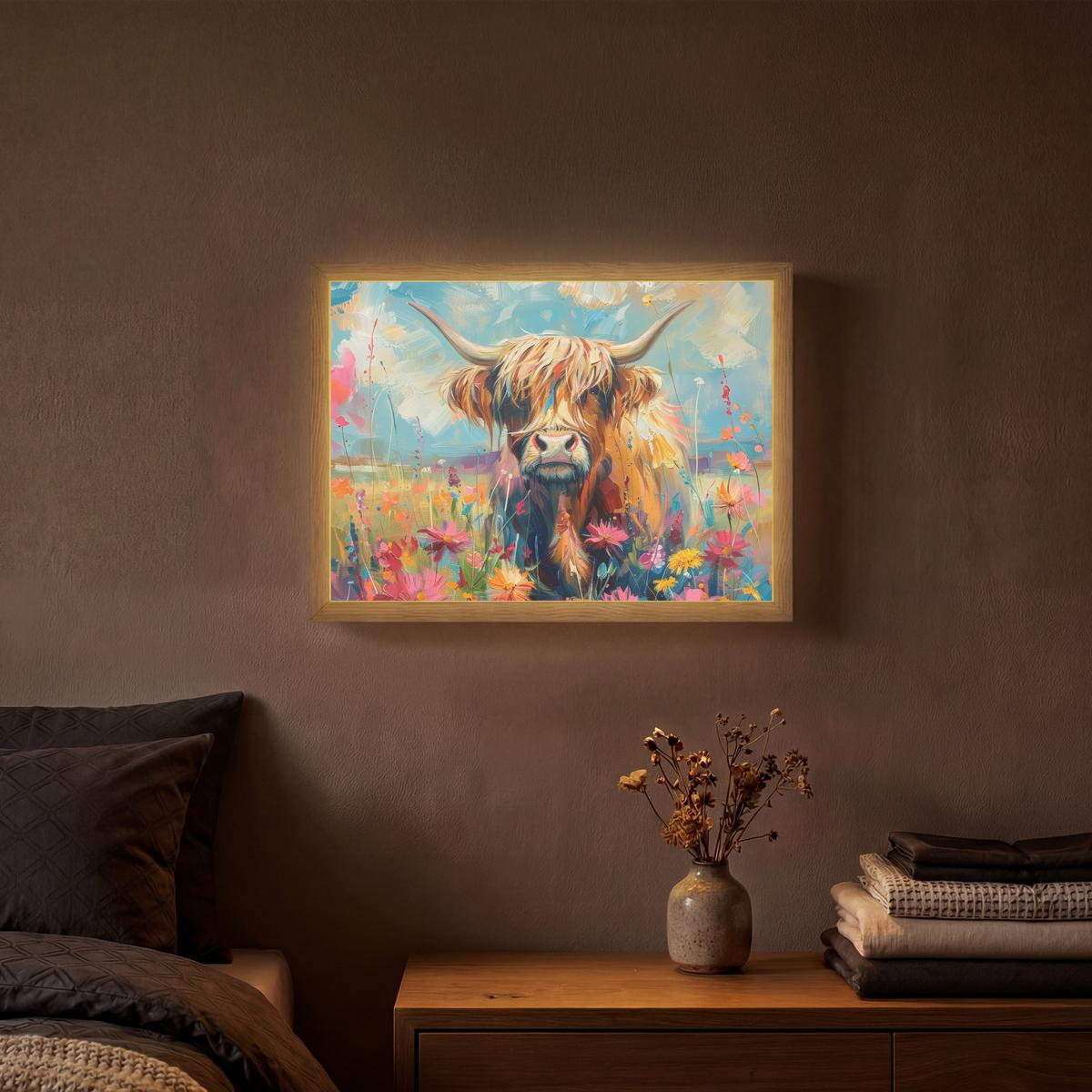 WANDLEUCHTE MIT AKKU Schottische Hochländer - Natur - Farbenfroh - Blumen 40x30 cm - Multicolor, Holzwerkstoff (40/30/8cm) - OnlyWow