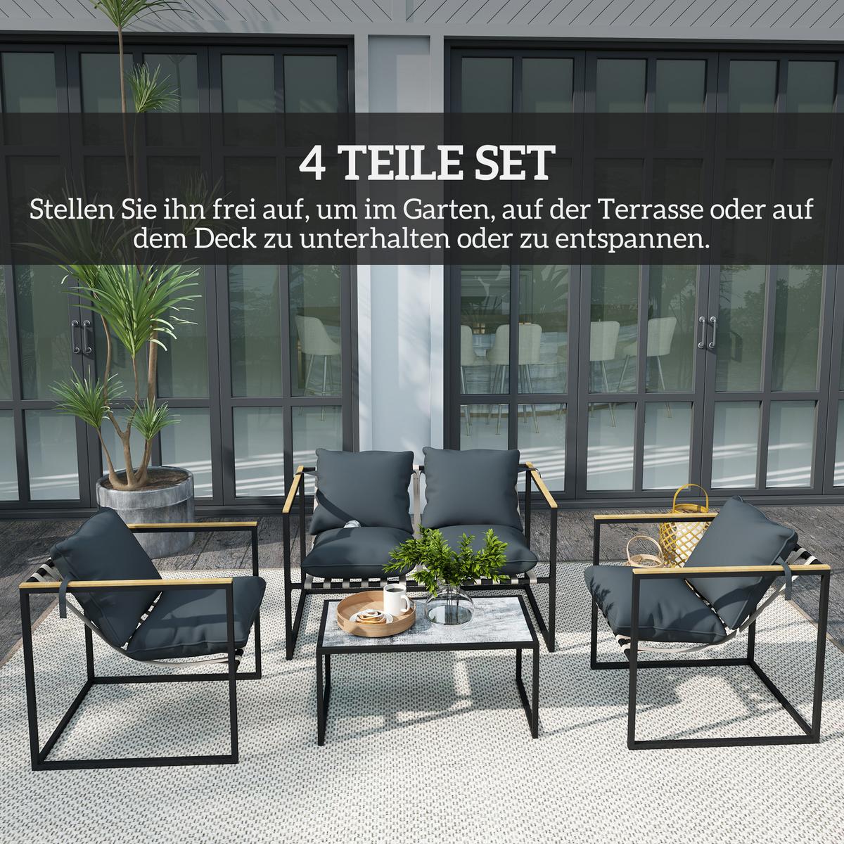 STAHL Gartenmöbel Set 4 Personen wetterfest Balkonmöbel-Set mit 2er Sofa Grau - Grau, Metall - Outsunny