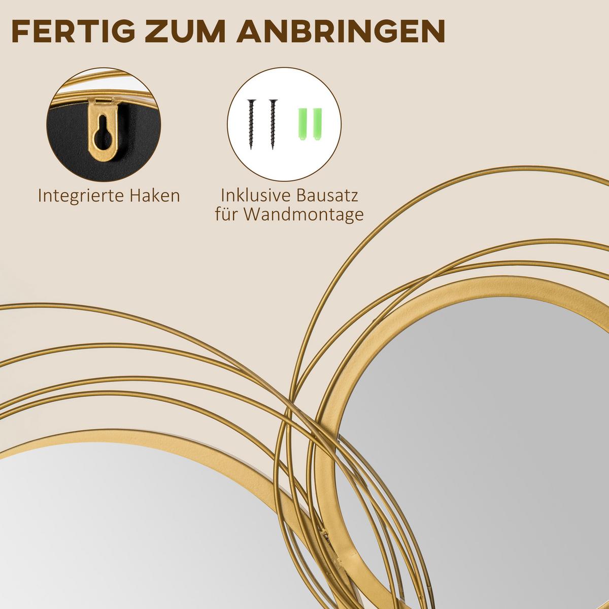 SPIEGEL-SET für Wanddekoration, Wohnzimmerdeko mit 4 runden Spiegel, Metall - Goldfarben, Metall (4/56/107cm) - HOMCOM