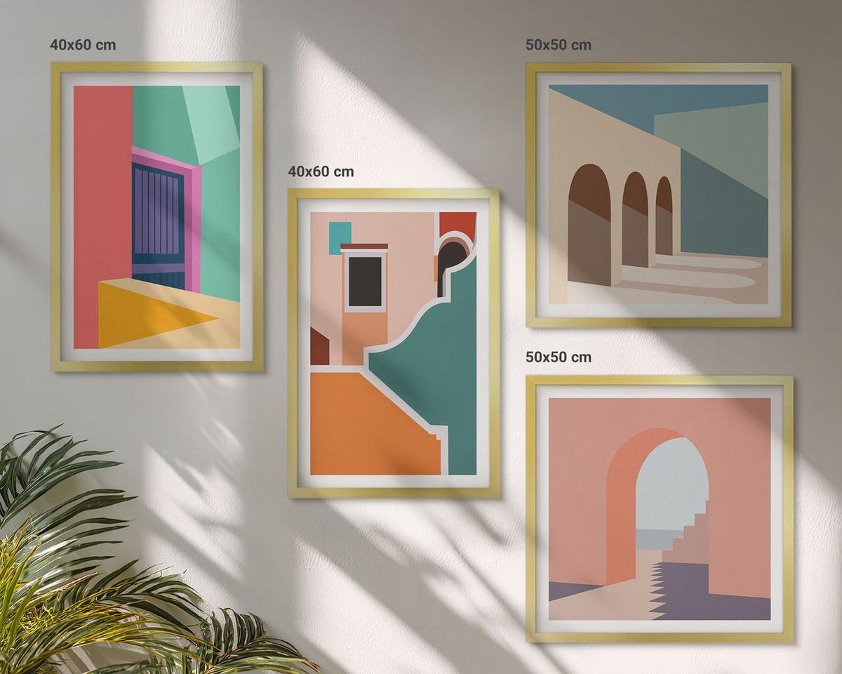 BILDER SET 4er Set - 50x50 cm & 40x60 cm Goldrahmen - Farbenfrohe Illustrationen der Stadt - Goldfarben, Kunststoff (50/50cm) - TULUP