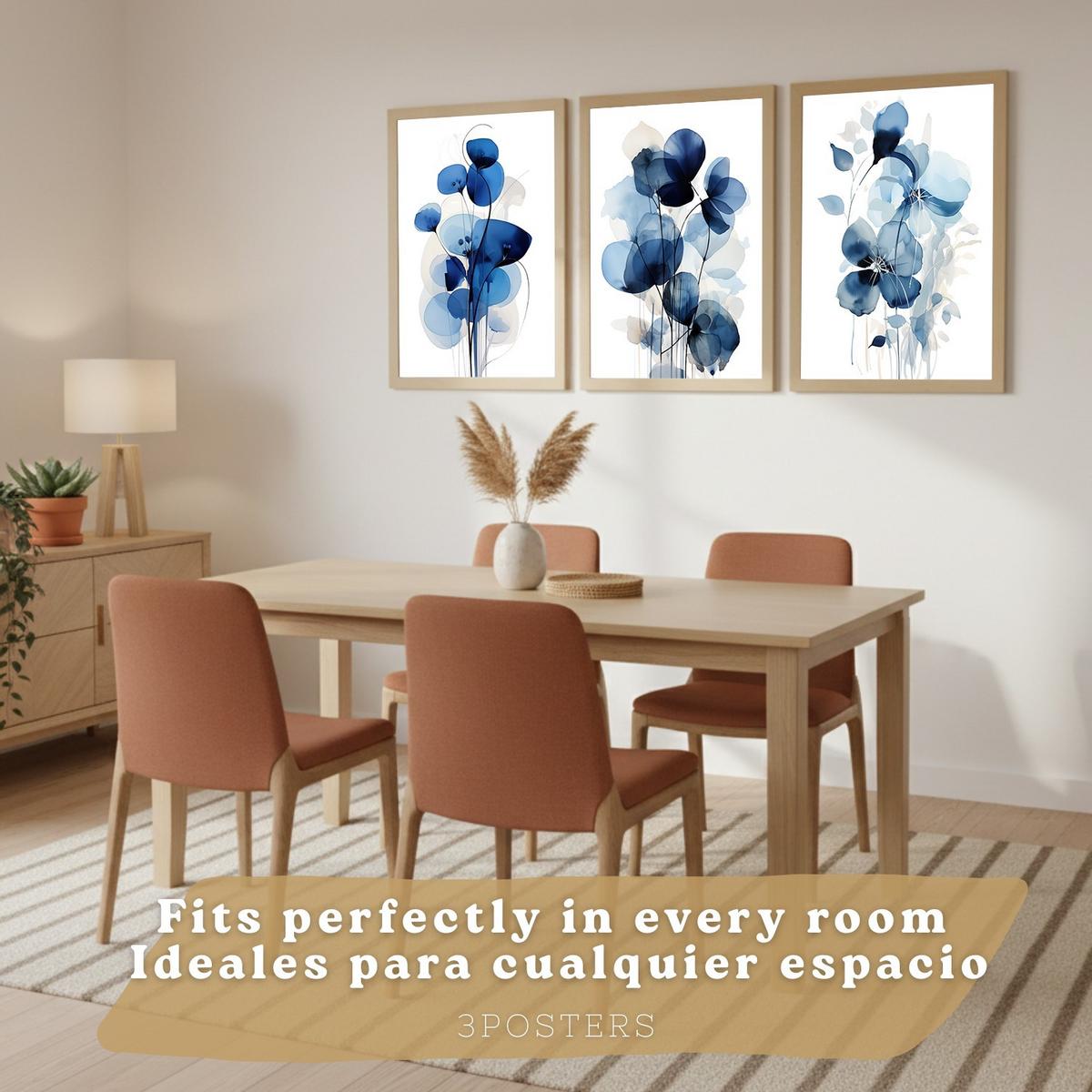 POSTER 3er-Set Wandbilder Blumen Blau modern Wohnzimmer Deko, Schlafzimmer, Küche, Badezimmer Rahmenlos A3 - Klar, Papier (29.7/1/42cm) - Nacnic