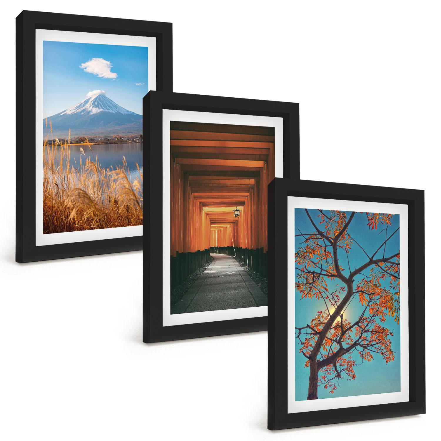 BILDER SET 3er Set - 20x30 cm Schwarzer Rahmen - Japanische Naturlandschaften - Schwarz, Kunststoff (20/30cm) - TULUP