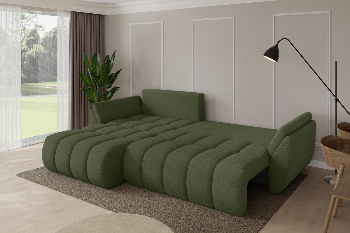 ECKSOFA mit Schlaffunktion Ottomane Links TOKO-L-v1 277x194x86 Grün Bouclé - Schwarz/Olivgrün, Holzwerkstoff/Kunststoff (277/194cm) - ALTDECOR