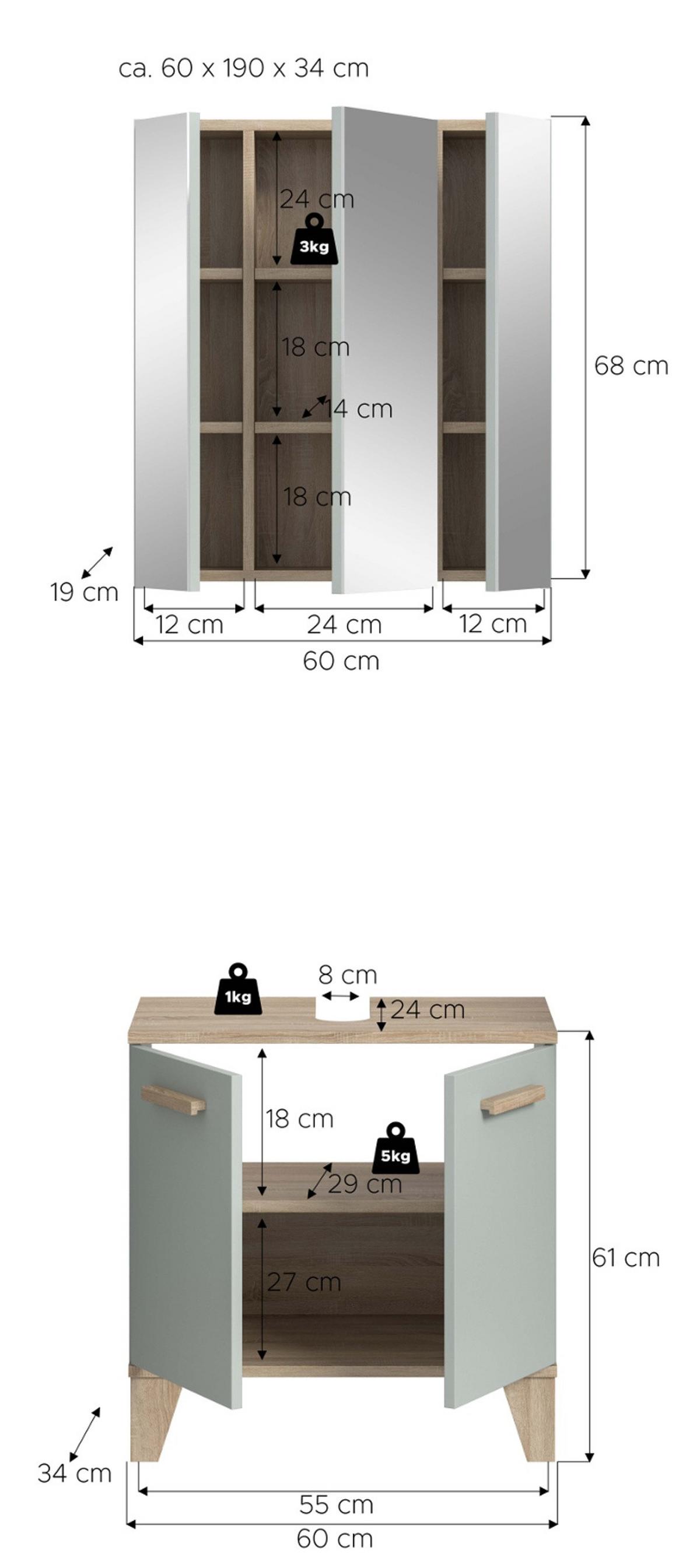 BADMÖBEL-SETGRÜN, Eiche 2-teilig 60 x 190 cm, Badkombination skandinavisches Design - Eichefarben/Grün, Glas/Holzwerkstoff (60/190/34cm) - Inn.Furn