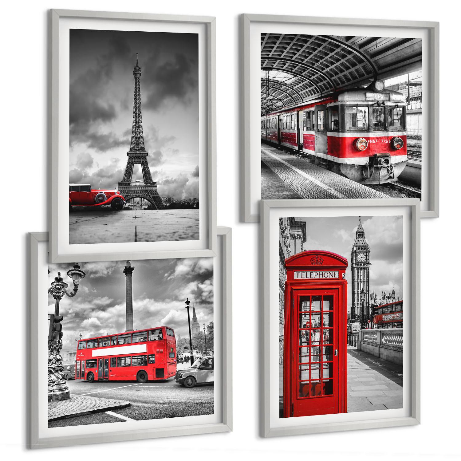BILDER SET 4er Set - 50x50 cm & 40x60 cm Silberner Rahmen - Ikonische Städte London Paris Eisenbahn - Silberfarben, Kunststoff (50/50cm) - TULUP
