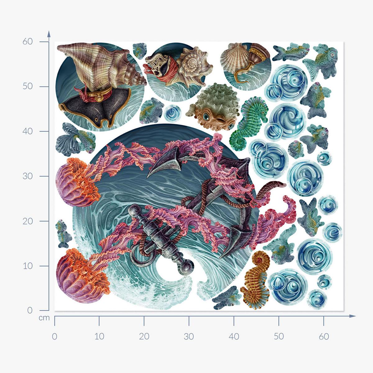 WANDAUFKLEBER 60x64cm - Die Unterwasserwelt der Quallen - Multicolor, Kunststoff (60/64/0.1cm) - Wallfluent
