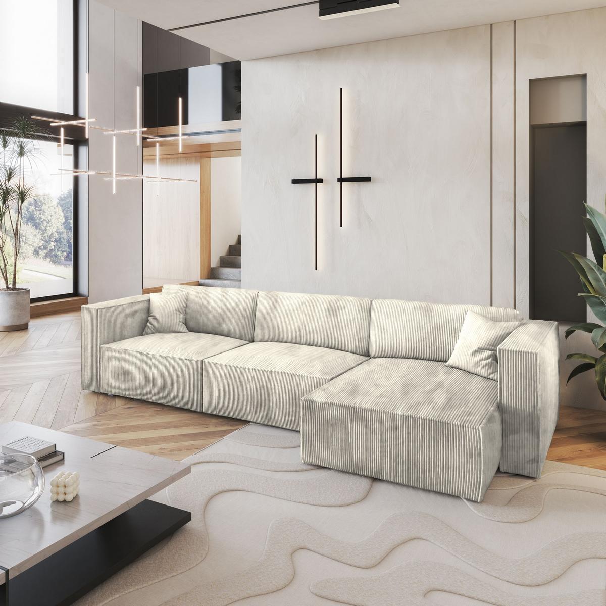 ECKSOFA TOLMO P Creme Kordstoff mit Schlaffunktion - Creme/Grau, Holz/Kunststoff (347/148cm) - MASSENO