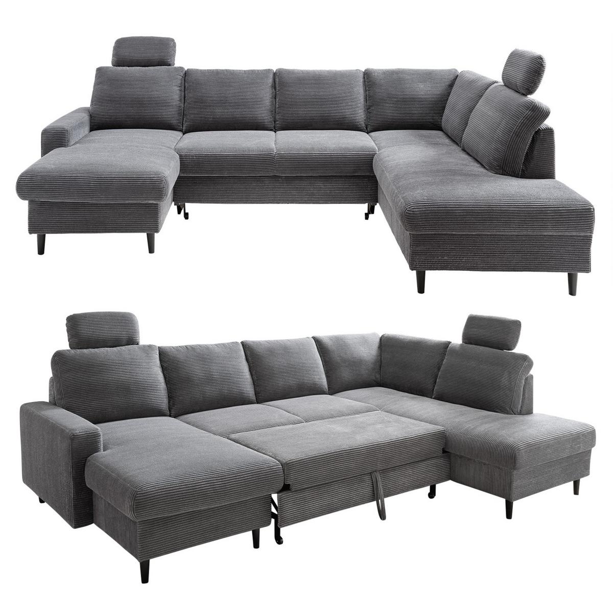 WOHNLANDSCHAFT mit Schlaffunktion Bettkasten Wellenunterfederung, 2 Kopfstützen, U-Form B305/T200/H88 cm, Cord Dunkelgrau / 17206 - Dunkelgrau/Anthrazit, Holz/Textil (305/88/200cm) - luma-home