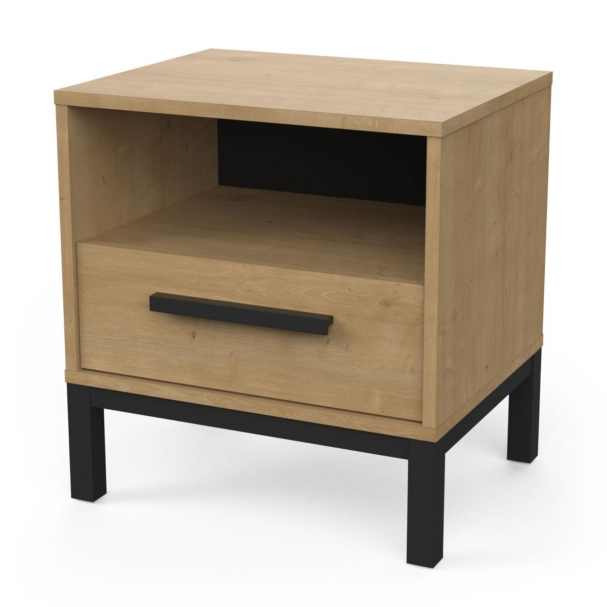 NACHTTISCH mit 1 Schublade und 1 Nische, Dekor Eiche und Mattschwarz Craft - L44,6 cm - Eschefarben, Holzwerkstoff (35.6/47.4/44.6cm) - Demeyere