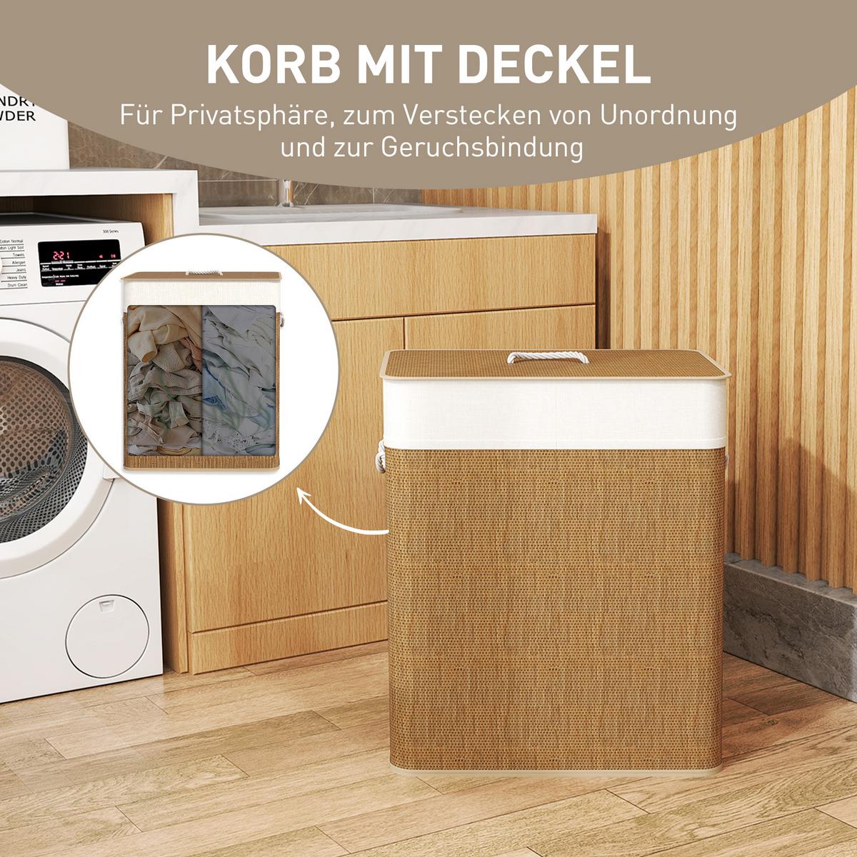 BAMBUS Wäschekorb mit Deckel 2 Fächer 100 L Wäschesammler mit Seilgriffen - Braun, Naturmaterialien (32/63/52cm) - HOMCOM