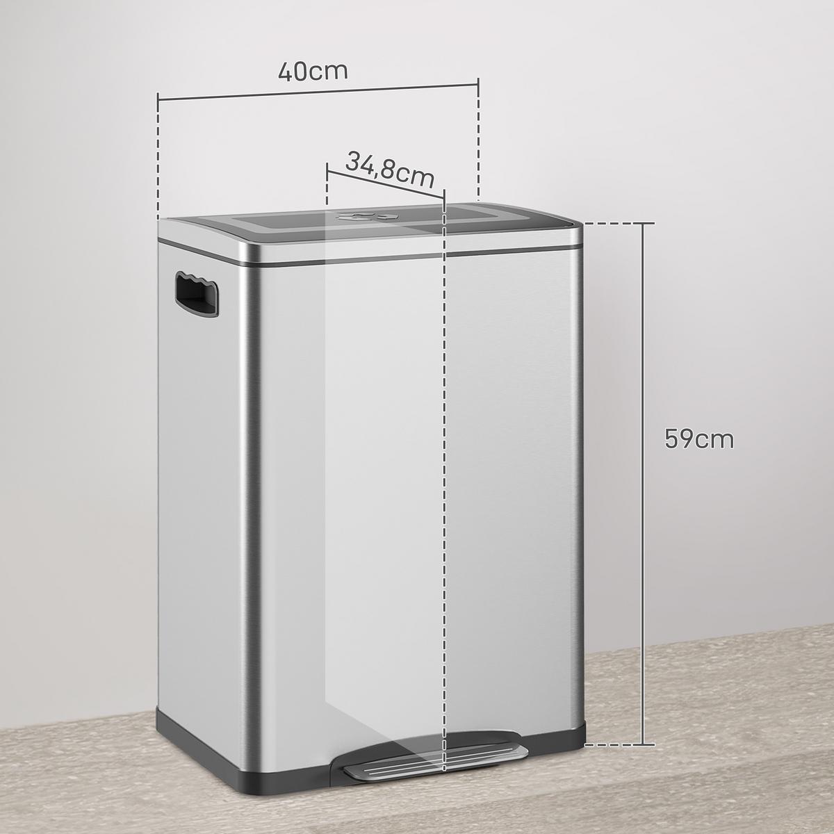 MÜLLEIMER 40L Edelstahl, Silber, 40 x 34,8 x 59 cm - Silberfarben, Kunststoff (34.8/59/70cm) - HOMCOM