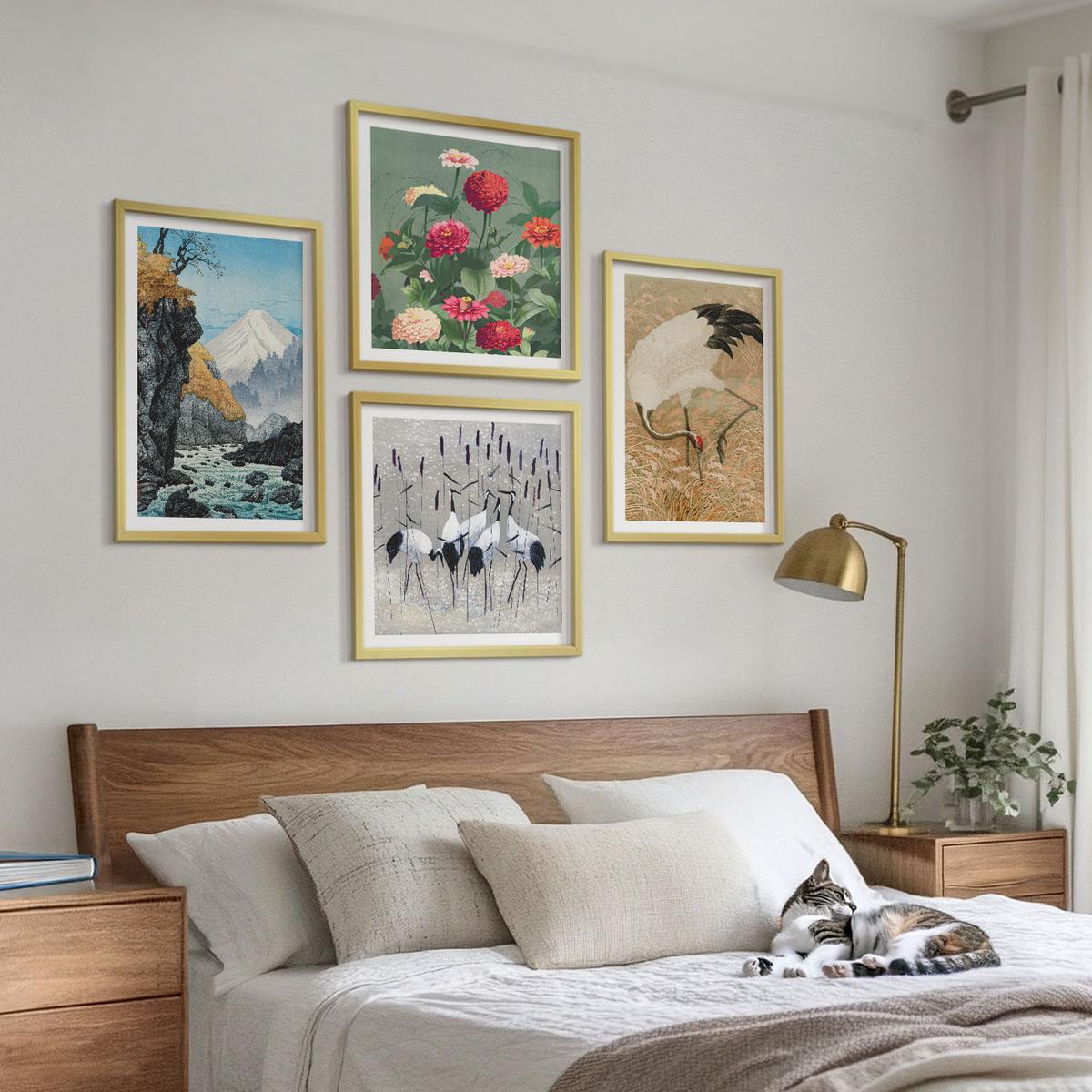 BILDER SET 4er Set - 50x50 cm & 40x60 cm Goldrahmen - Berge, Fluss, Blumen, Kraniche - Goldfarben, Kunststoff (50/50cm) - TULUP