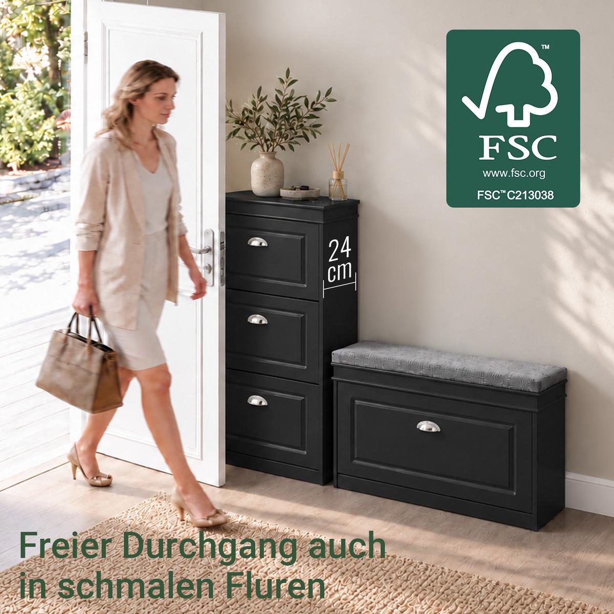 SCHUHSCHRANK Schwarz, 48 x 117 x 24 cm, 3 Klappen, bis 12 Paar Schuhe, Einlegeböden 2-stufig verstellbar, für schmale Flure - Schwarz, Holzwerkstoff (53/117/24cm) - SoBuy