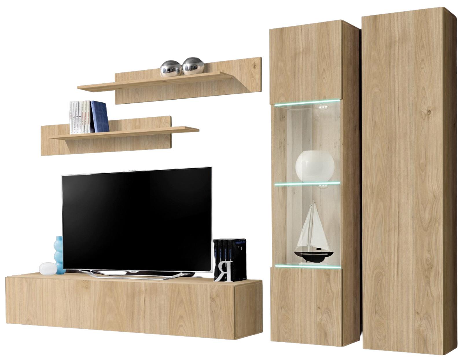 WOHNWAND Eiche Jackson 260 cm 5-teilig hängend, Anbauwand mit LED-Beleuchtung - Eichefarben, Glas/Holzwerkstoff (260/170/40cm) - Inn.Furn