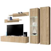 WOHNWAND Eiche Jackson 260 cm 5-teilig hängend, Anbauwand mit LED-Beleuchtung - Eichefarben, Glas/Holzwerkstoff (260/170/40cm) - Inn.Furn