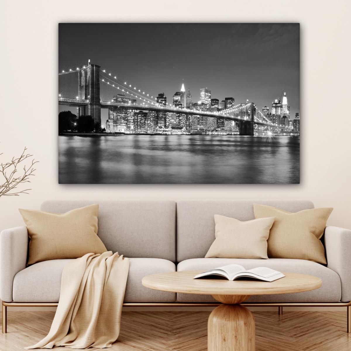 LEINWANDBILD New York - Brücke - Brooklyn - Schwarz und weiß - Architektur Groß 140x90 cm - Schwarz, Textil (140/90cm) - MuchoWow