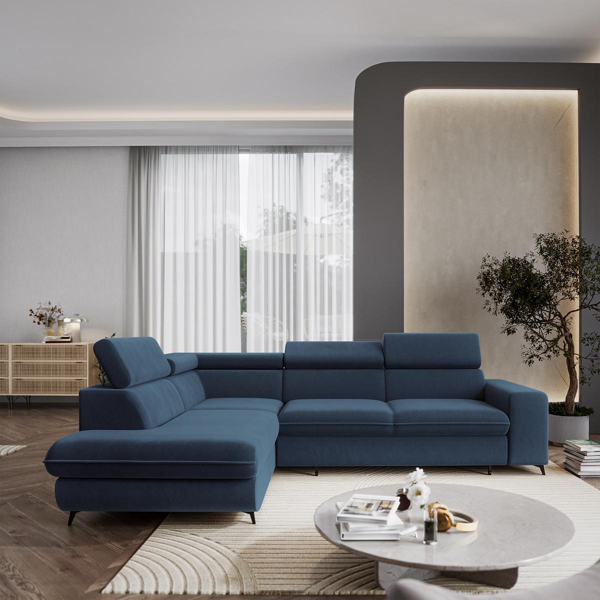 ECKSOFA VELISS Blau Veloursstoff mit Schlaffunktion - Blau, Holz (255/193cm) - MASSENO