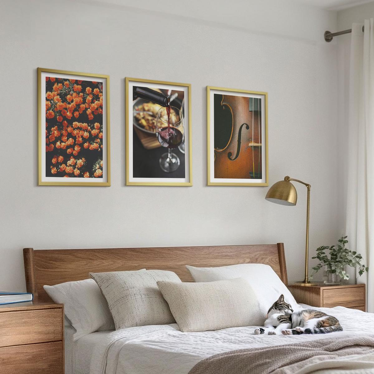 BILDER SET 3er Set - 40x60 cm Goldrahmen - Vintage Blumen Wein Geige - Goldfarben, Kunststoff (40/60cm) - TULUP