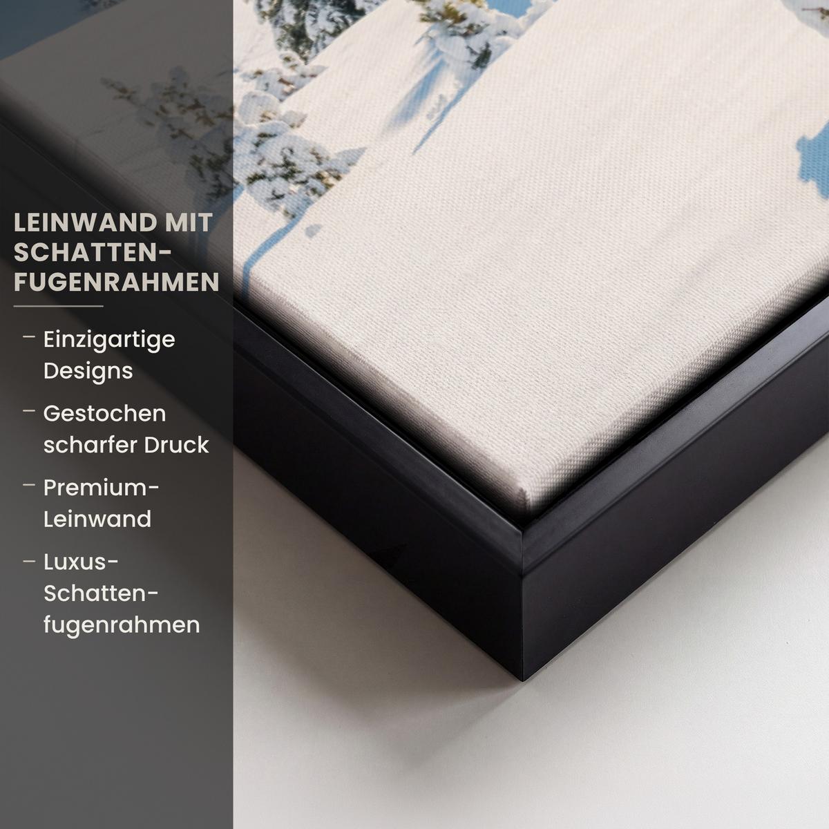 LEINWAND Bilder mit Rahmen - Winter - Hütte - Berge - Aussicht - Schnee - 100x70 - Eichefarben, Textil (100/70cm) - MuchoWow