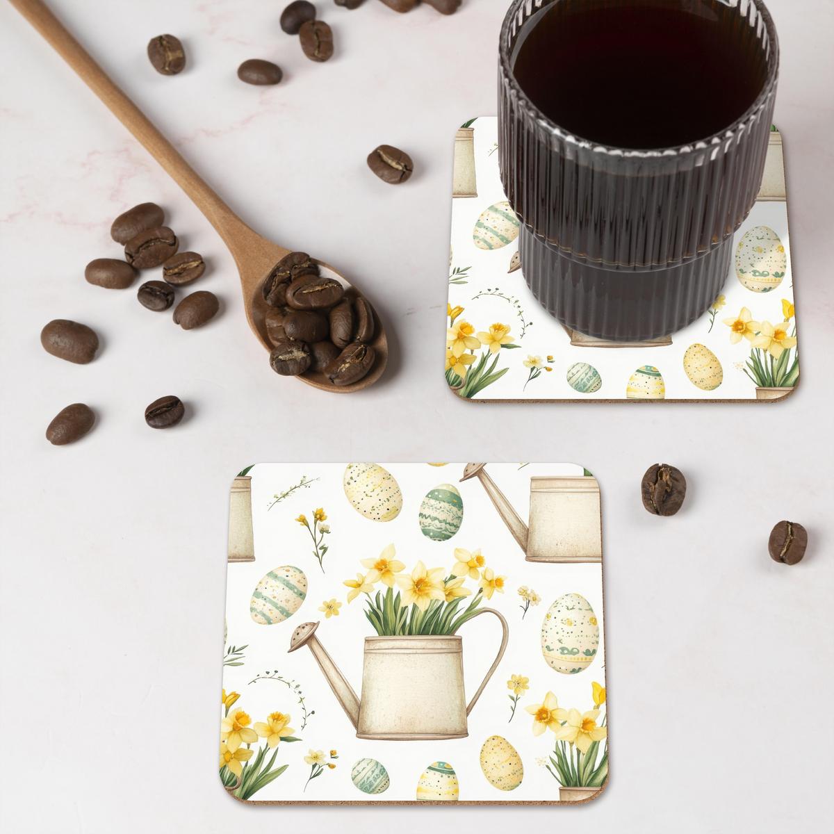 GLASUNTERSETZER 6er-Set Gießkanne - Blumen - Eier Tischset für Gläser 10x10 cm - Weiß, Naturmaterialien (10/0.2cm) - MuchoWow