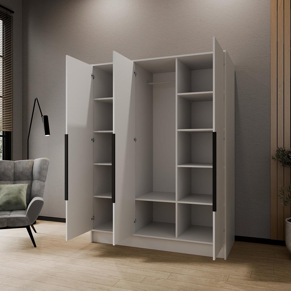 KLEIDERSCHRANK Mono Lux mit Speigel, Drehtüren mit Schwarze Metallgriffe, Weiß 150/200/51 cm - Schwarz/Weiß, Holzwerkstoff (150/200/51cm) - WFL GROUP
