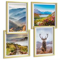 BILDER SET 4er Set - 50x50 cm & 40x60 cm Goldrahmen - Berglandschaft, See, Hirsche - Goldfarben, Kunststoff (50/50cm) - TULUP