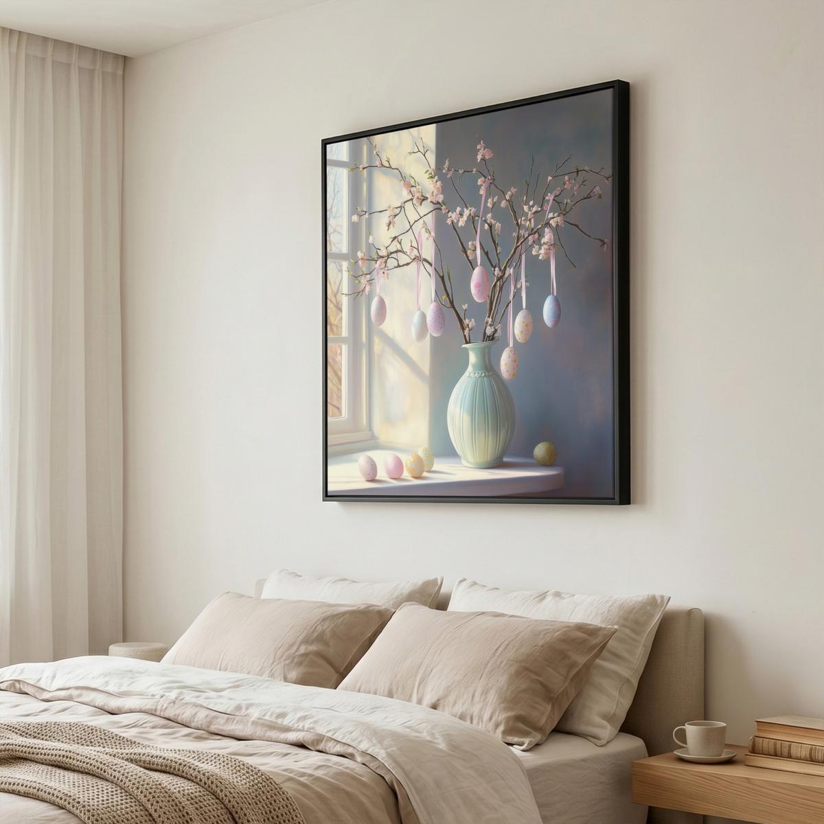 LEINWAND Bilder mit Rahmen - Stillleben - Vase - Osterzweig - 90x90 - Hellblau, Textil (90/90cm) - MuchoWow