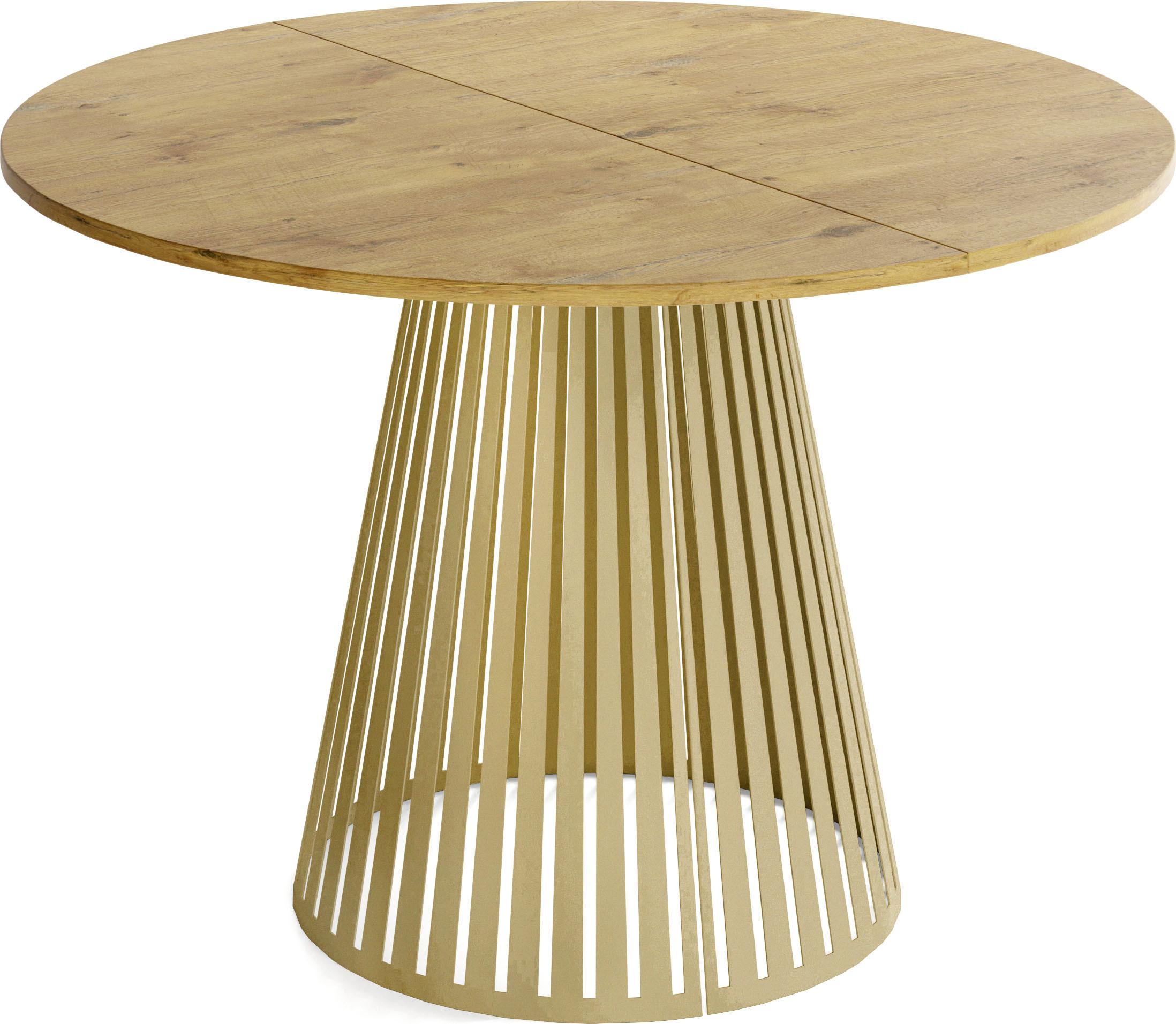 ESSTISCH Naro rund ausziehbar mit Goldenem Lamellen-Metallgestell, Braun 100-180/100/76 cm - Eichefarben/Goldfarben, Holzwerkstoff/Metall (100/176/76cm) - WFL GROUP