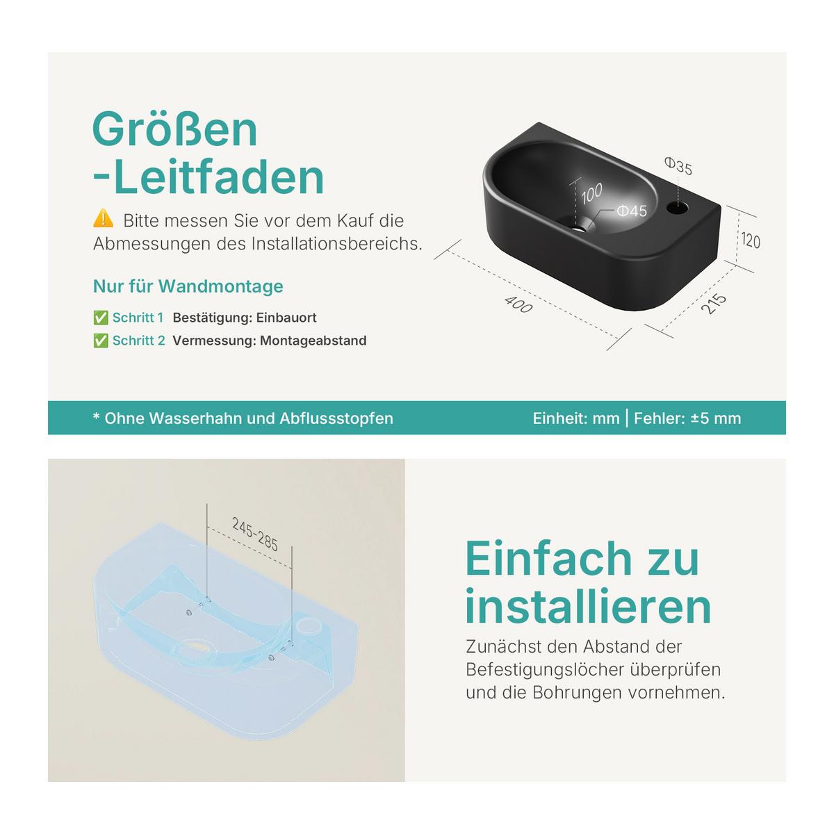 WASCHBECKEN Abgerundete Ecken Hahnloch rechts mattschwarz 40 / 21,5 / 12 cm - Schwarz, Keramik (40/12/21.5cm) - EMKE
