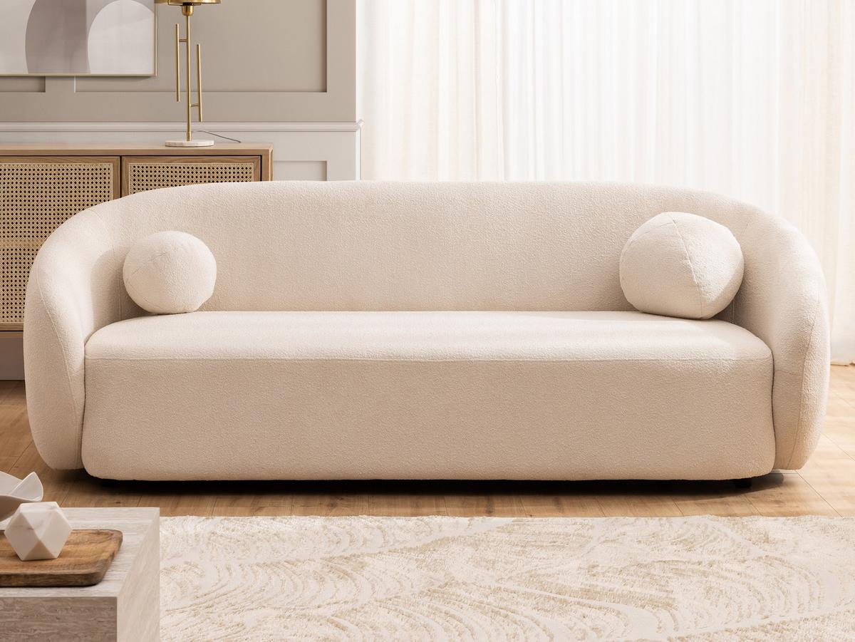 3-SITZER-SOFA Roundi Cremeweiß Bouclé - Creme/Schwarz, Holz/Kunststoff (208/76/80cm) - S-Style Möbel