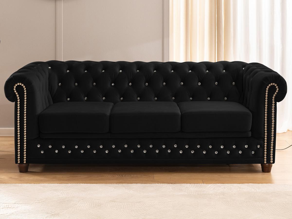 CHESTERFIELD-SOFA 3-Sitzer mit Schlaffunktion Cleo Blink Schwarz Samt mit Kristallsteppung und braunen Massivholzfüßen - Schwarz/Braun, Holz/Textil (203/72/86cm) - S-Style