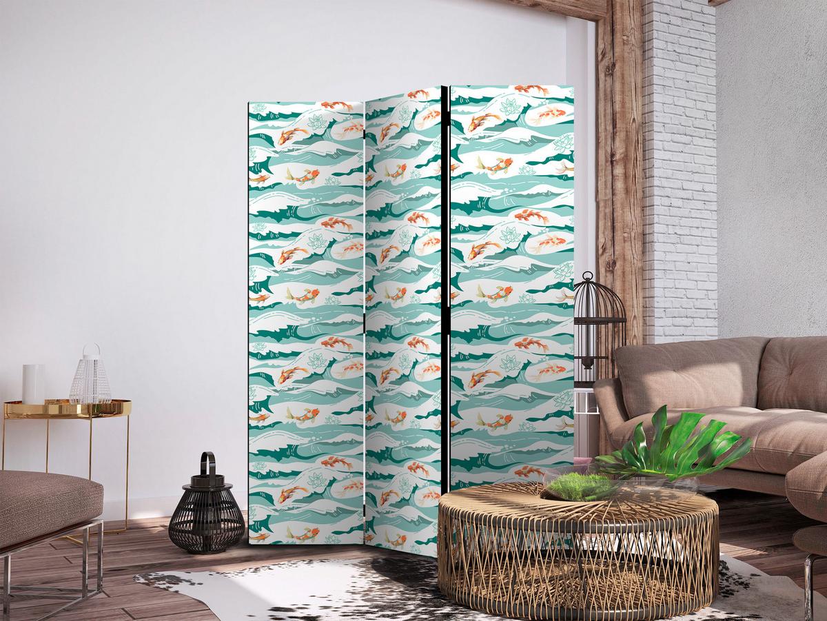 PARAVENT Beidseitig Bedruckter 3-tlg 135x172 cm Koi Fische und Meereswellen - Multicolor, Holz/Textil (135/172/3cm) - Muralo