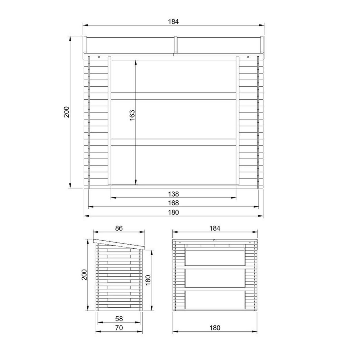 KAMINHOLZREGAL aus Holz 0,97 m², Brennholzunterstand mit Pultdach, ca. 1,75 m³ Brennholzkapazität, 184 x 86 x 200 cm (B x T x H) - Naturfarben, Holz (184/200/86cm) - Timbela