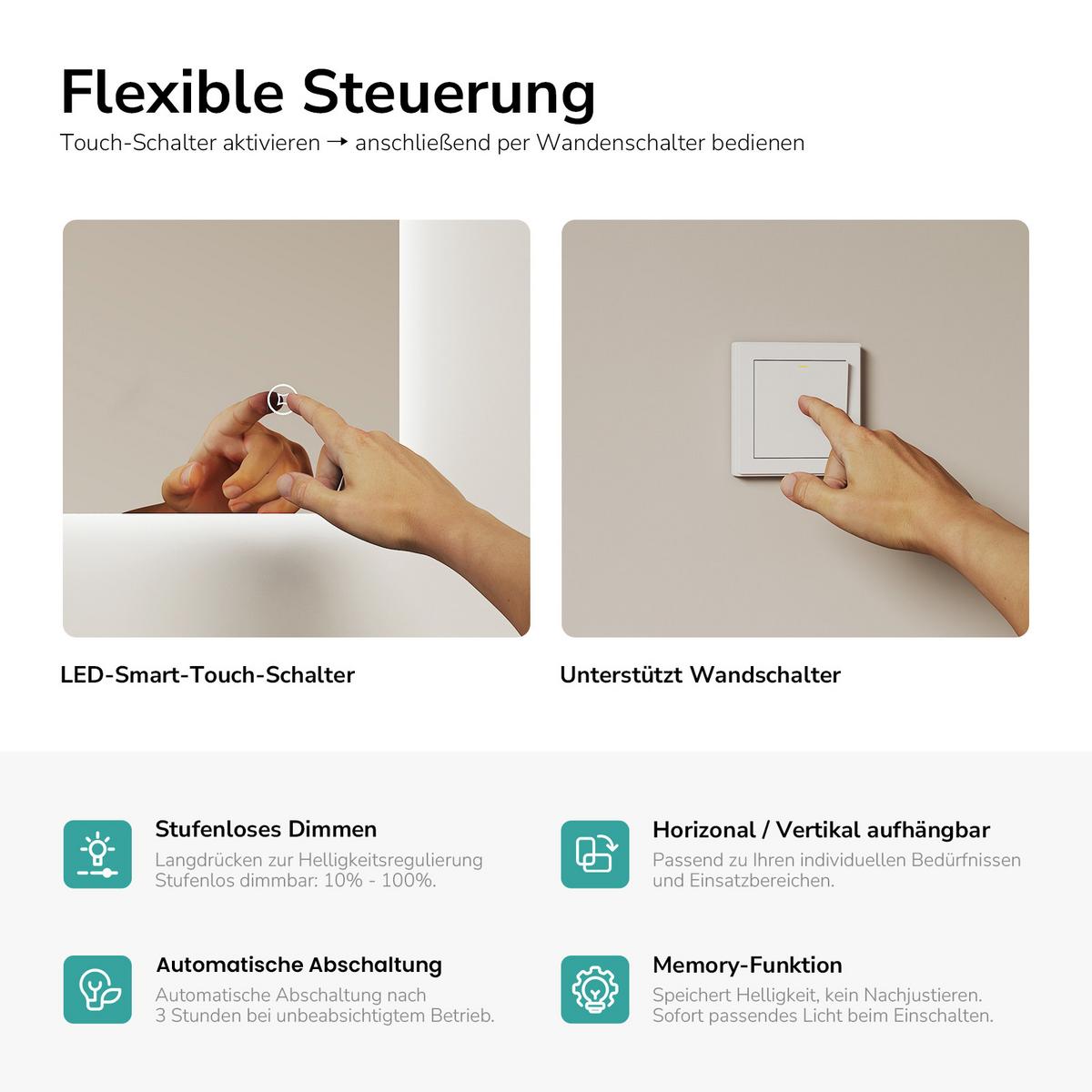 BADSPIEGEL LED abgerundet Kaltweiß Touch-Schalter Dimmbar 70/50 cm - Transparent, Glas (70/50/3cm) - EMKE