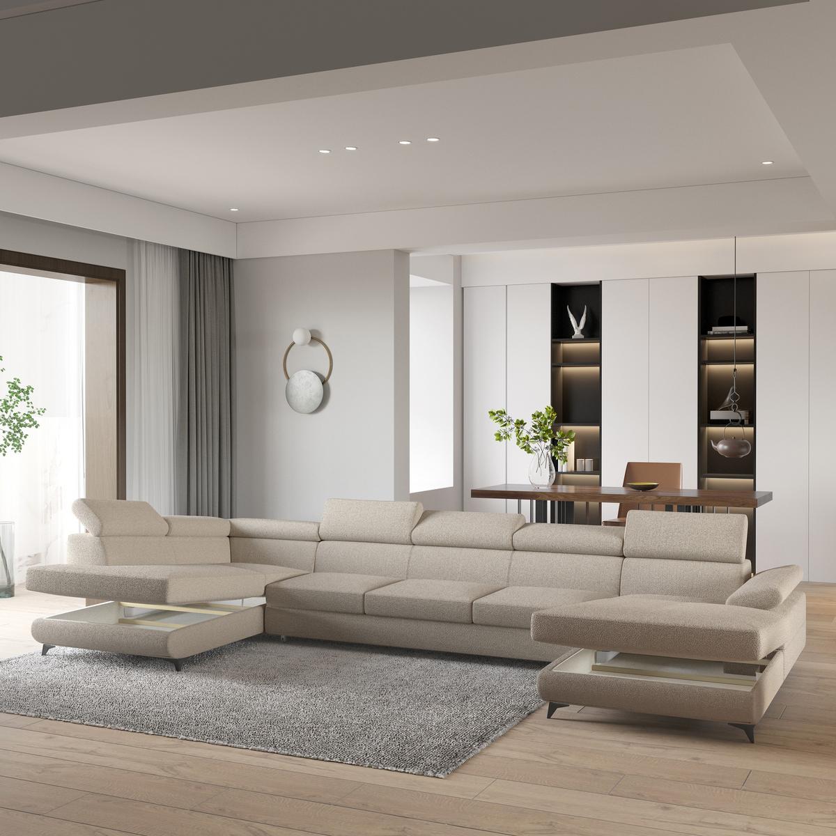 WOHNLANDSCHAFT MONTIVA Beige Boucle-Stoff mit Schlaffunktion - Beige, Holz (410/89/190cm) - MASSENO