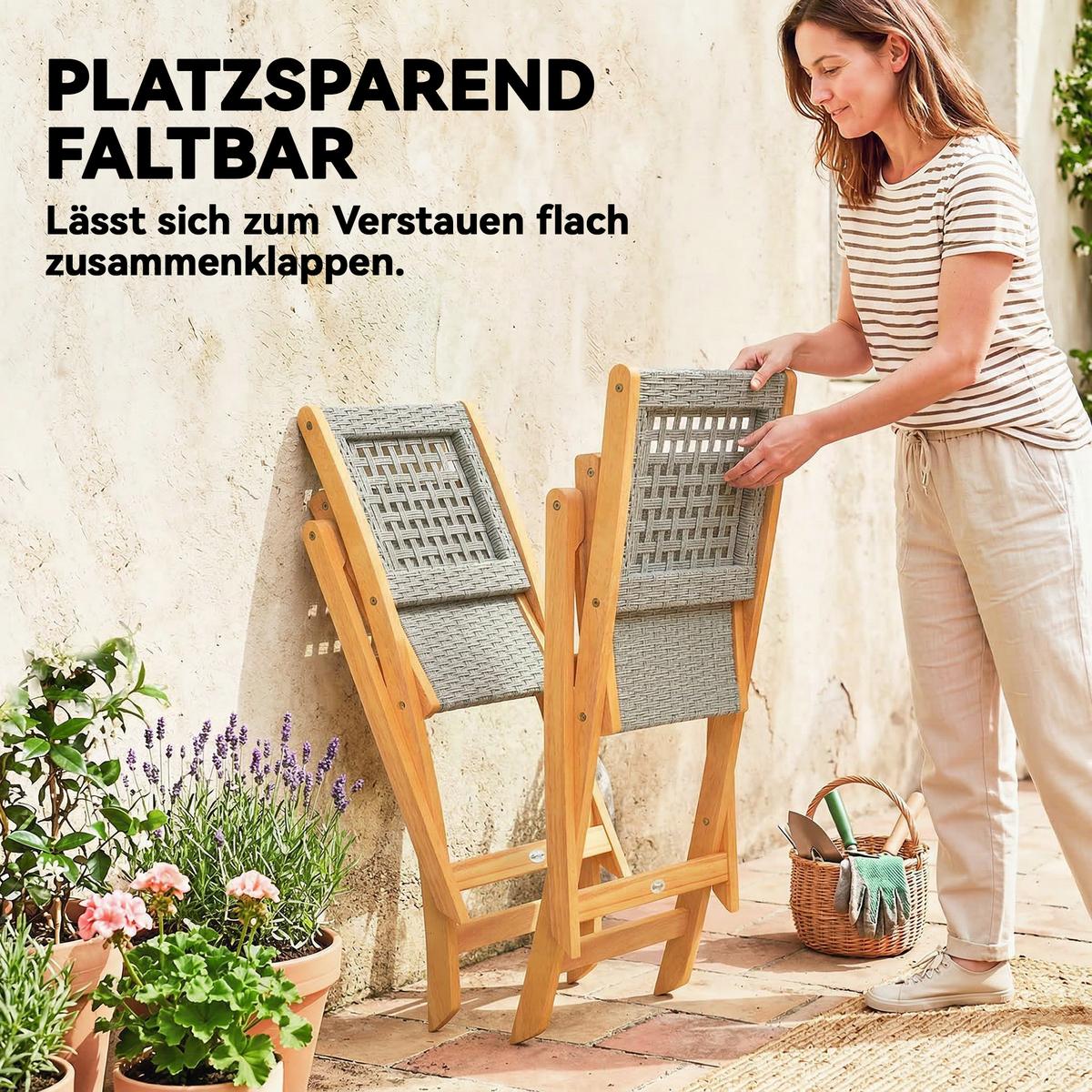 GARTENKLAPPSTUHL 2er Set Akazienholz PE-Rattan Grau - Grau, Holz (47.5/88/56cm) - Outsunny