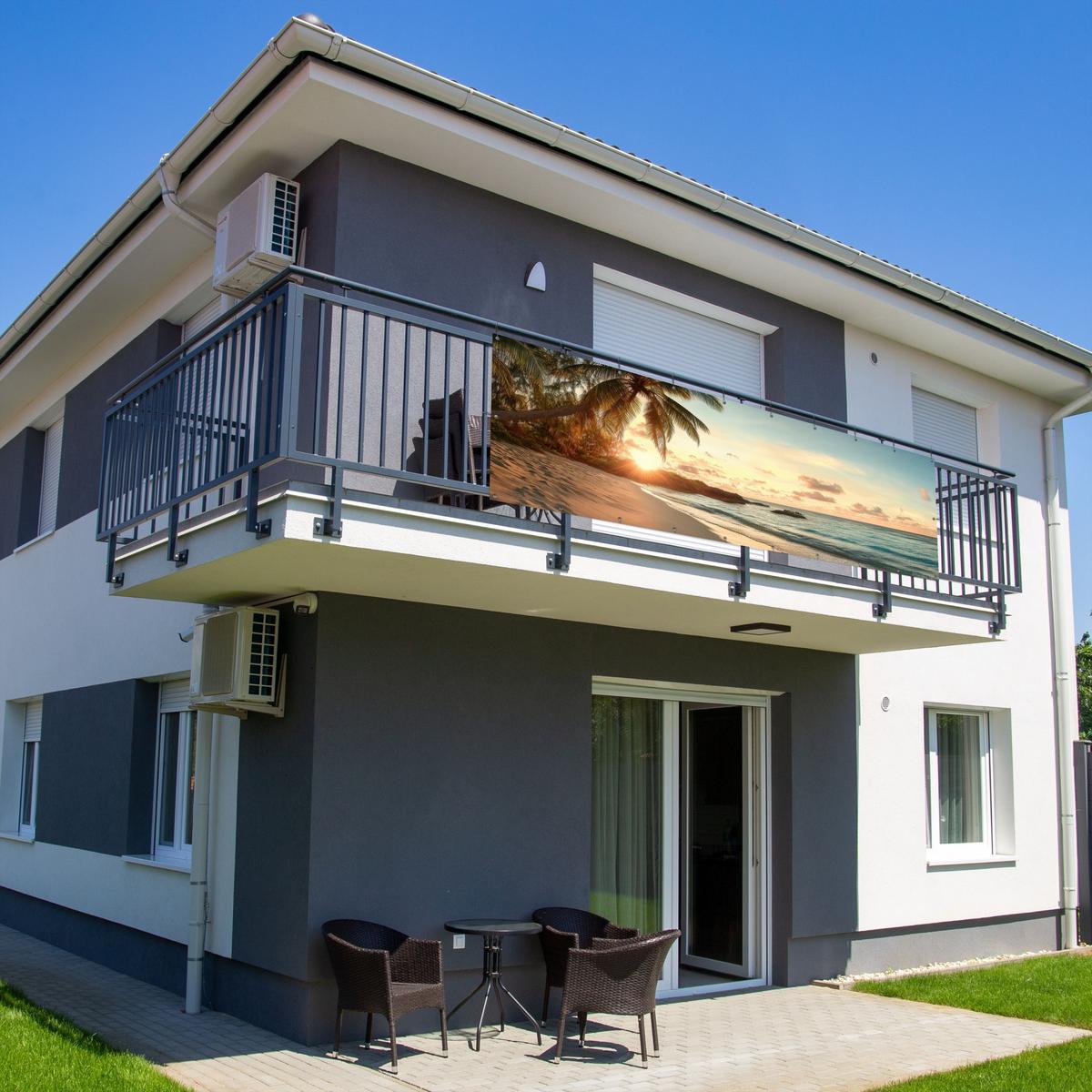 BALKON-SICHTSCHUTZ Strand - Palmen - Meer - Sonnenuntergang Windschutz 300x90 cm - Samtahornfarben, Kunststoff (300/90cm) - MuchoWow