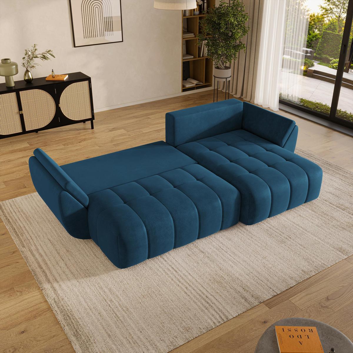 ECKSOFA OLSI Blau Velours-Stoff mit Schlaffunktion - Blau, Holz (285/148cm) - MASSENO